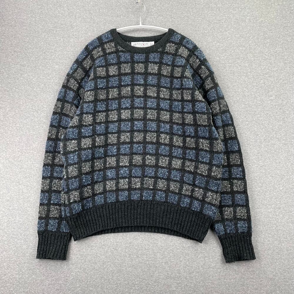Vintage 90s Jantzen Sweater Mens L Blue Multicolor Abstract Chunky Knit USA Made